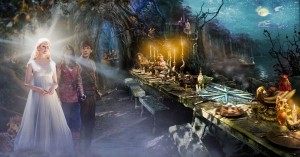 A desktop wallpaper that features Ramandu's daughter, Edmund, and Lucy standing by a stone table with seven swords on it. Next to the table a Narnian Lord in an chanted sleep.