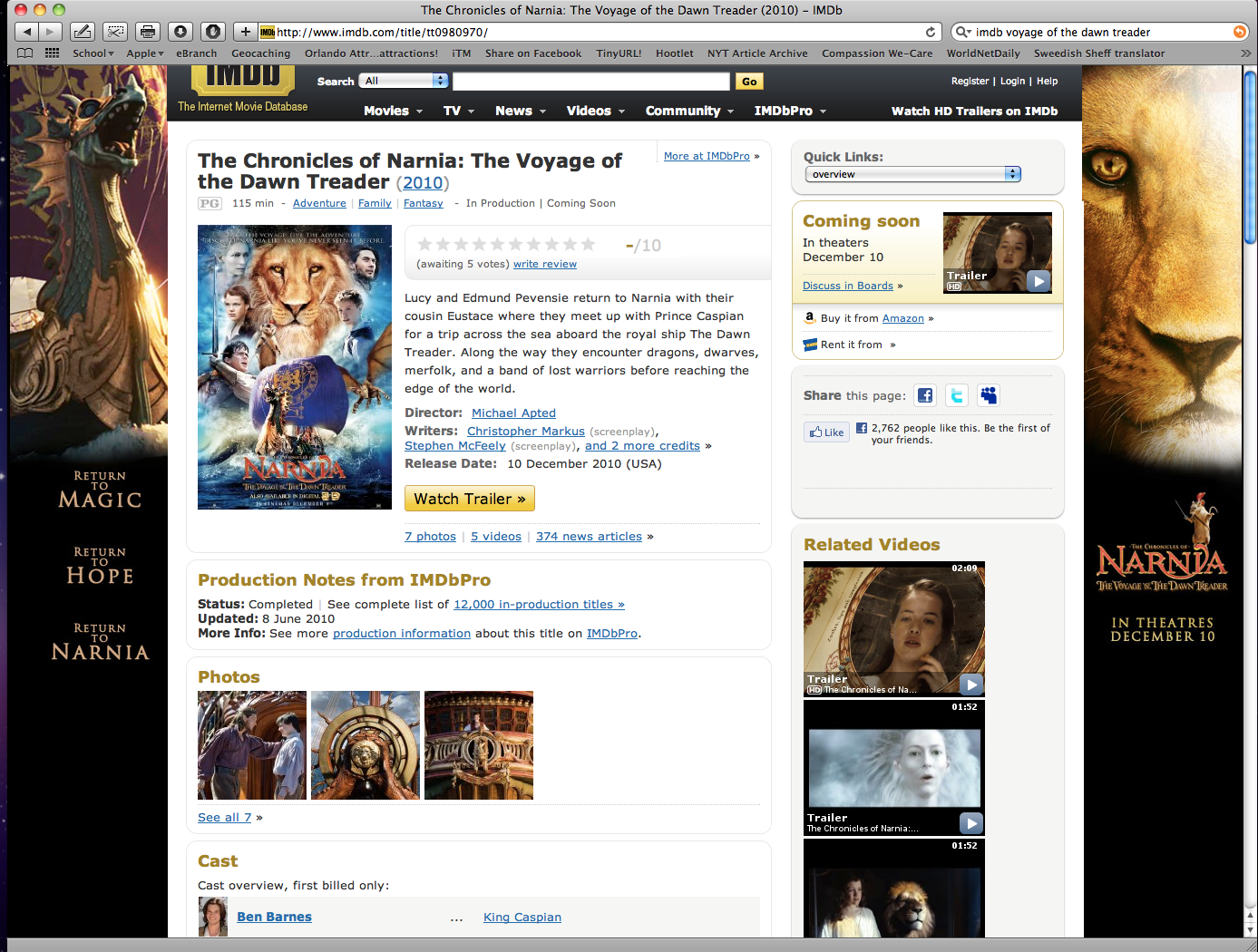 A screenshot of the IMDB page for The Voyage of the Dawn Treader. On the left side of the IMDB page is the Dawn Treader with the words Return to Magic, Return to Hope, Return to Narnia under it. On the right side of the page is Aslan with a reflection of the Dawn Treader in his eye. Under him Reepicheep stands on the Narnia logo with his sword drawn. Below the logo text reads "In Theaters December 10".