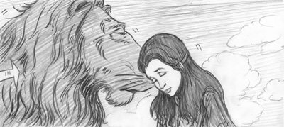 In this storyboard Lucy rests her head in Aslan's main as they bid an emotional fair well.