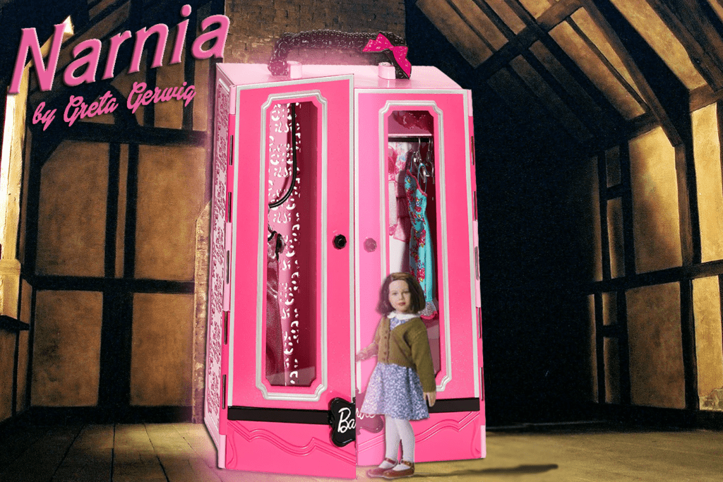 A barbie doll of Lucy opens the door of Barbie's bright pink wardrobe in Narnia by Greta Gerwig