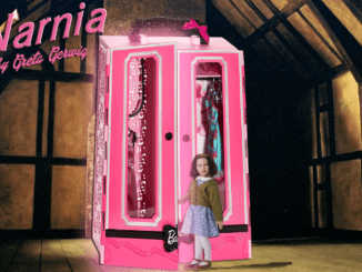 A barbie doll of Lucy opens the door of Barbie's bright pink wardrobe in Narnia by Greta Gerwig