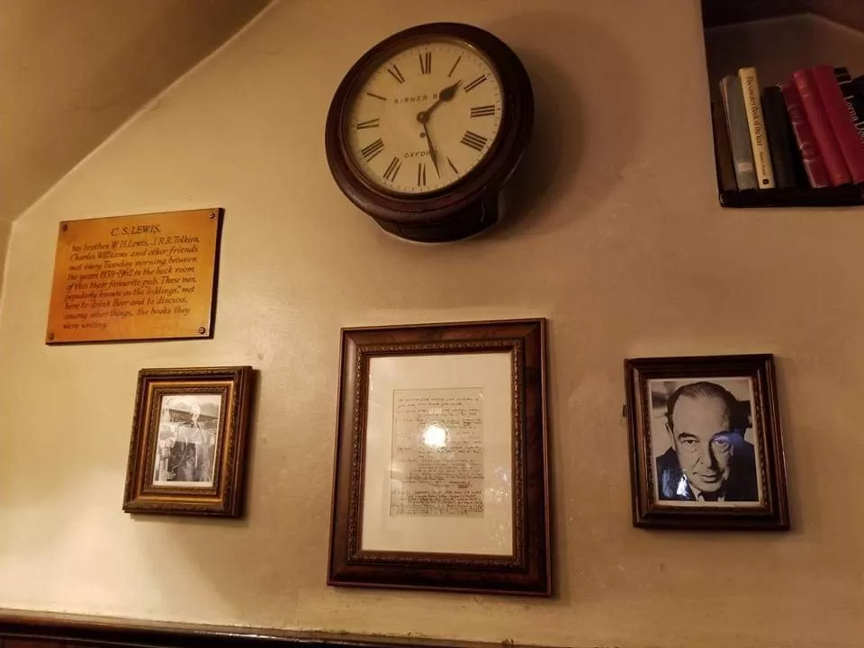 A cozy corner in The Eagle and Child pub in Oxford – complete with Inklings memorabilia on the walls – where members of the group often met informally on Tuesday mornings.