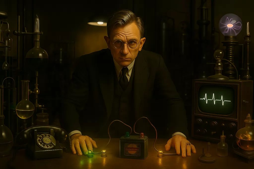 A stern-looking man resembling Daniel Craig, dressed in a dark three-piece 1950s-style suit and round glasses, leans over a wooden lab table in a dimly lit vintage laboratory. The table holds two small glowing rings—one green, one yellow—wired to a 1950s-style car battery. Surrounding him are period-accurate scientific instruments, including glass flasks, a rotary telephone, an old oscilloscope built into a television set, and a plasma globe. The atmosphere is moody and cinematic, evoking a mid-century mad scientist aesthetic.