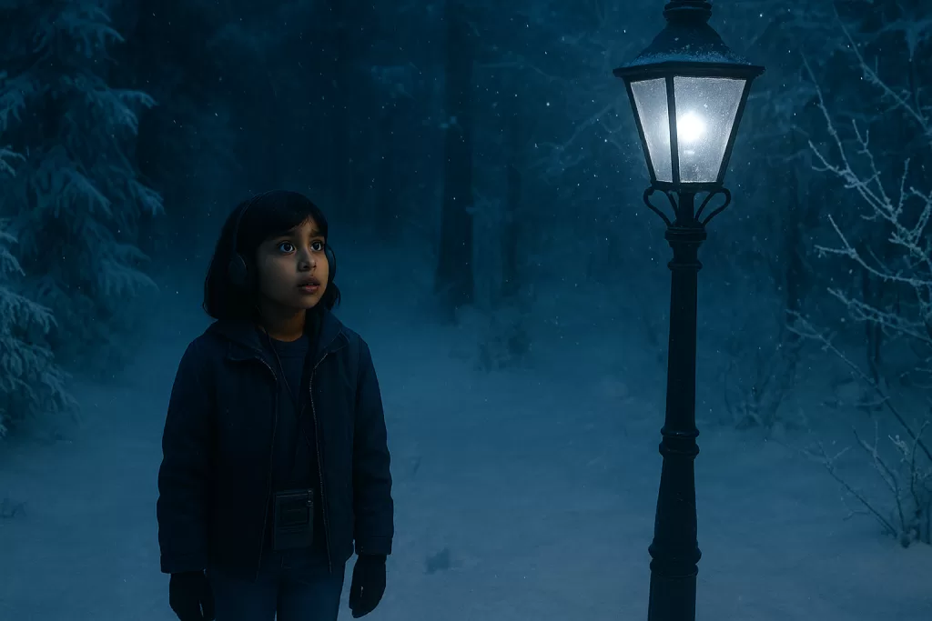 A similar scene with a girl in a snowy forest at night, but the modern lamp-post has a cold, white, electric light.