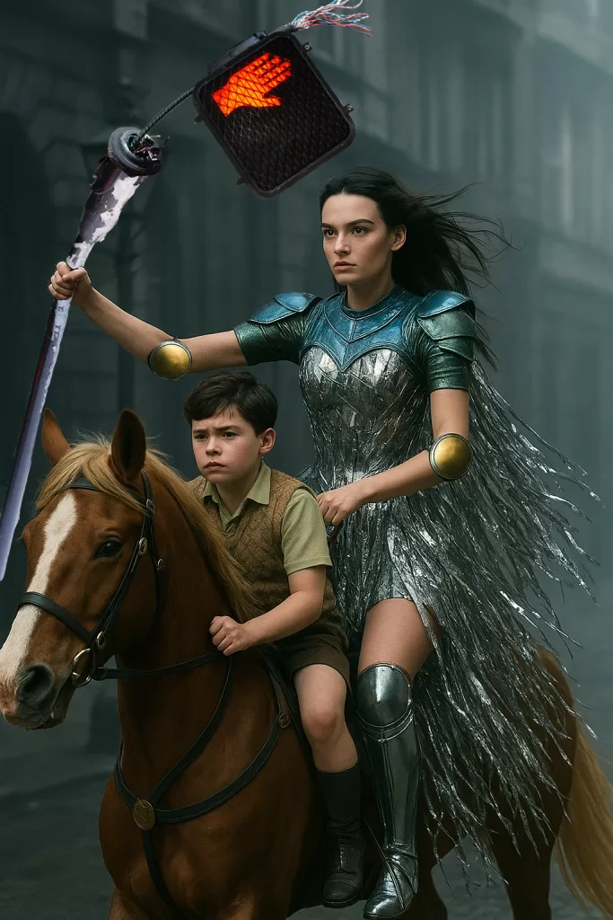 A digitally-altered image showing a stunt double for the White Witch, Jadis, and the boy Digory on horseback. Jadis, in a metallic silver and blue outfit, holds a large, menacing traffic light in her hand like a mace. Digory, wearing a collared shirt and vest, sits in front of her.