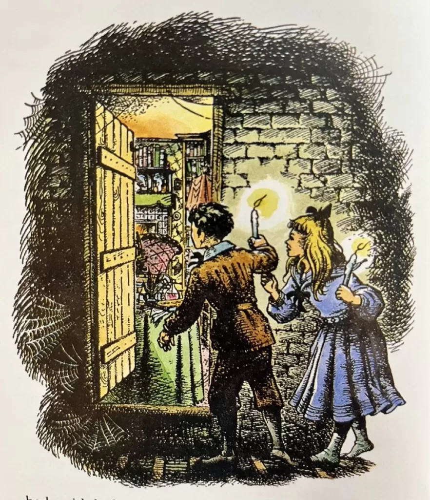 Illustration from The Magician's Nephew showing Digory and Polly holding candles as they enter a dimly lit, cobweb-covered room with bookshelves and magical items in the background.