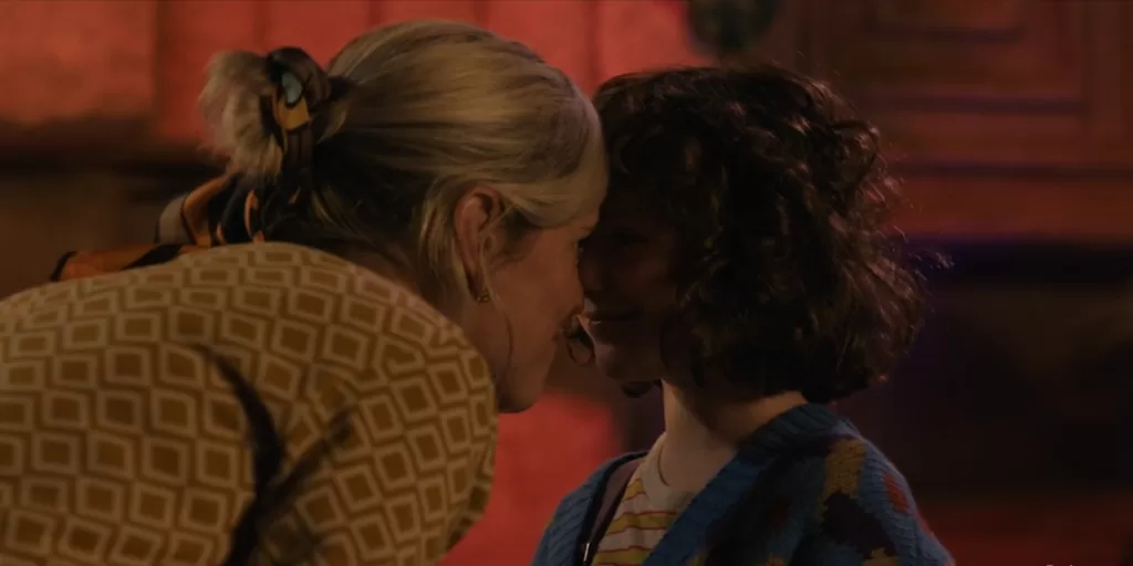 In a warmly lit, intimate close-up from 'The Stolen Girl,' Denise Gough and Beatrice Campbell press their foreheads together in a tender moment between mother and daughter.