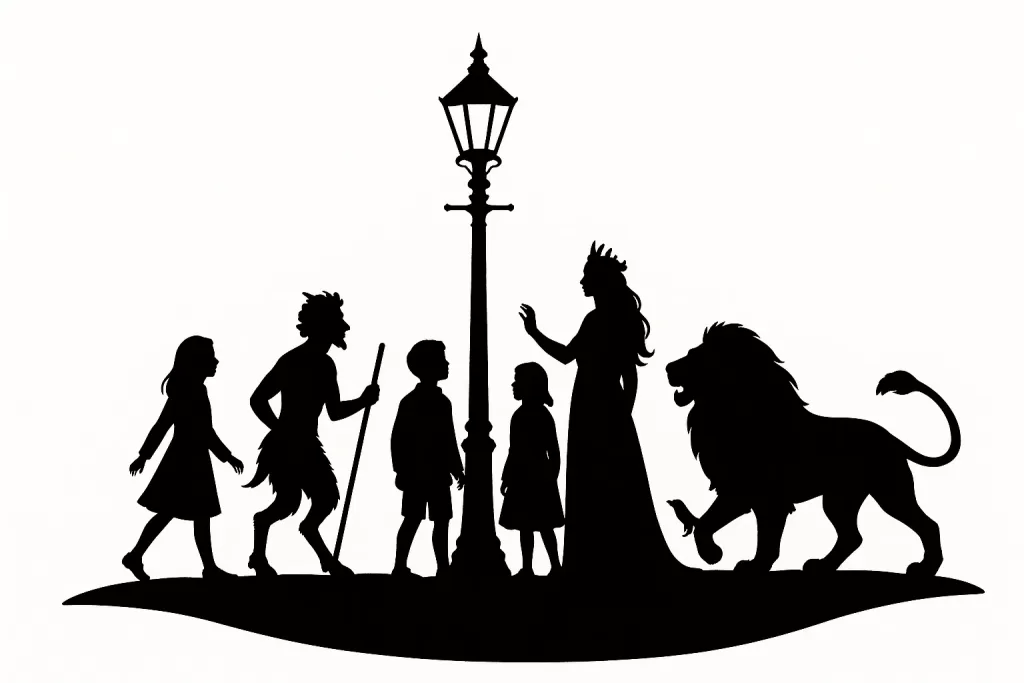 A silhouette of Narnian characters around the lamppost.