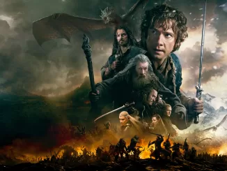 Bilbo, Gandalf, Thorin, and Smaug above the battlefield in featured art for The Hobbit: The Battle of the Five Armies