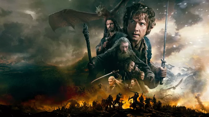 Bilbo, Gandalf, Thorin, and Smaug above the battlefield in featured art for The Hobbit: The Battle of the Five Armies