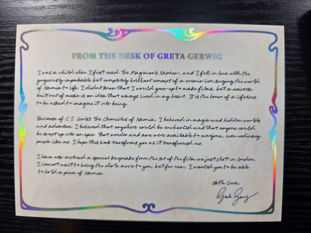 Letter from Greta Gerwig to Narnia Fans